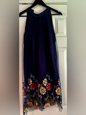 Navy Embroidered Floral Maxi Dress with Tulle Overlay